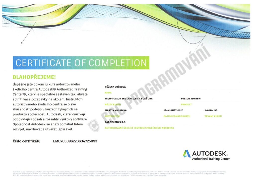 Certifikát Autodesk-Dušková