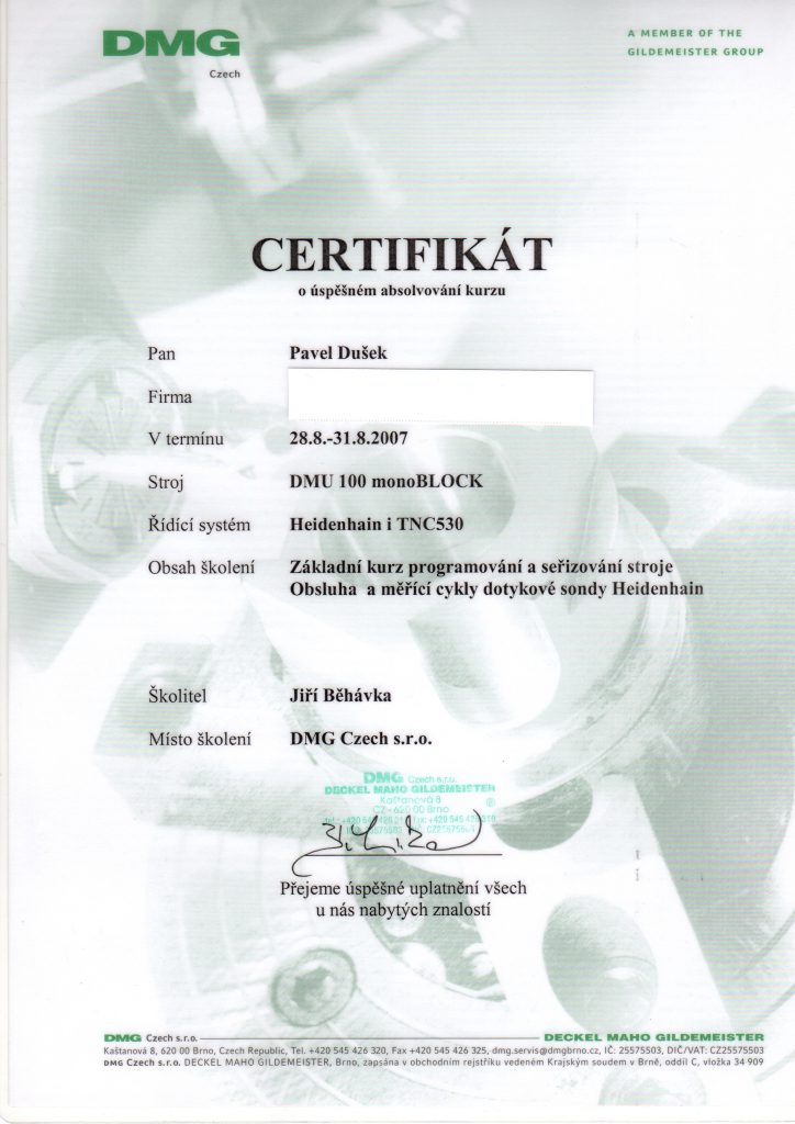 CNCPROGRAMOVANI-certifikát DECKEL MAHO