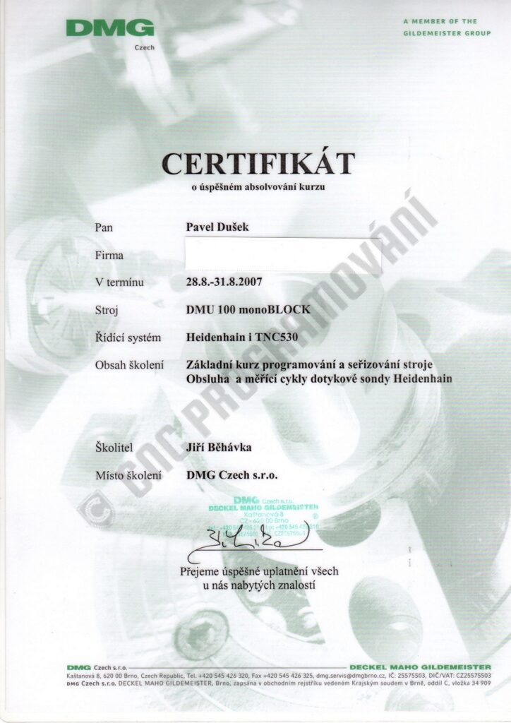 CNCPROGRAMOVANI-certifikát DECKEL MAHO