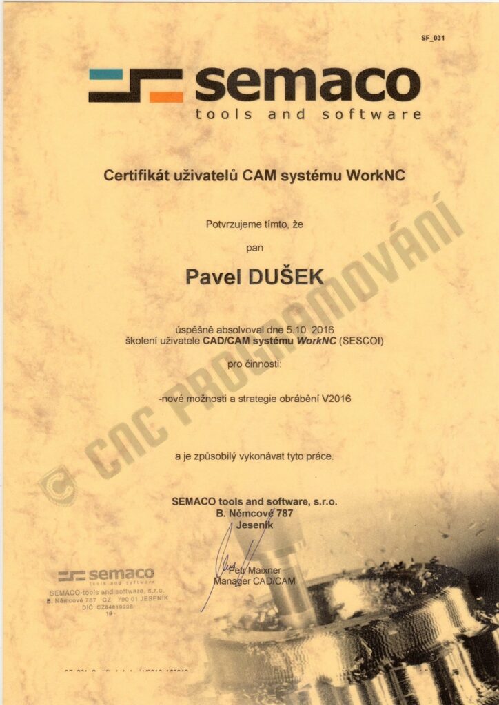 CNCPROGRAMOVANI-certifikát WorkNC 2016