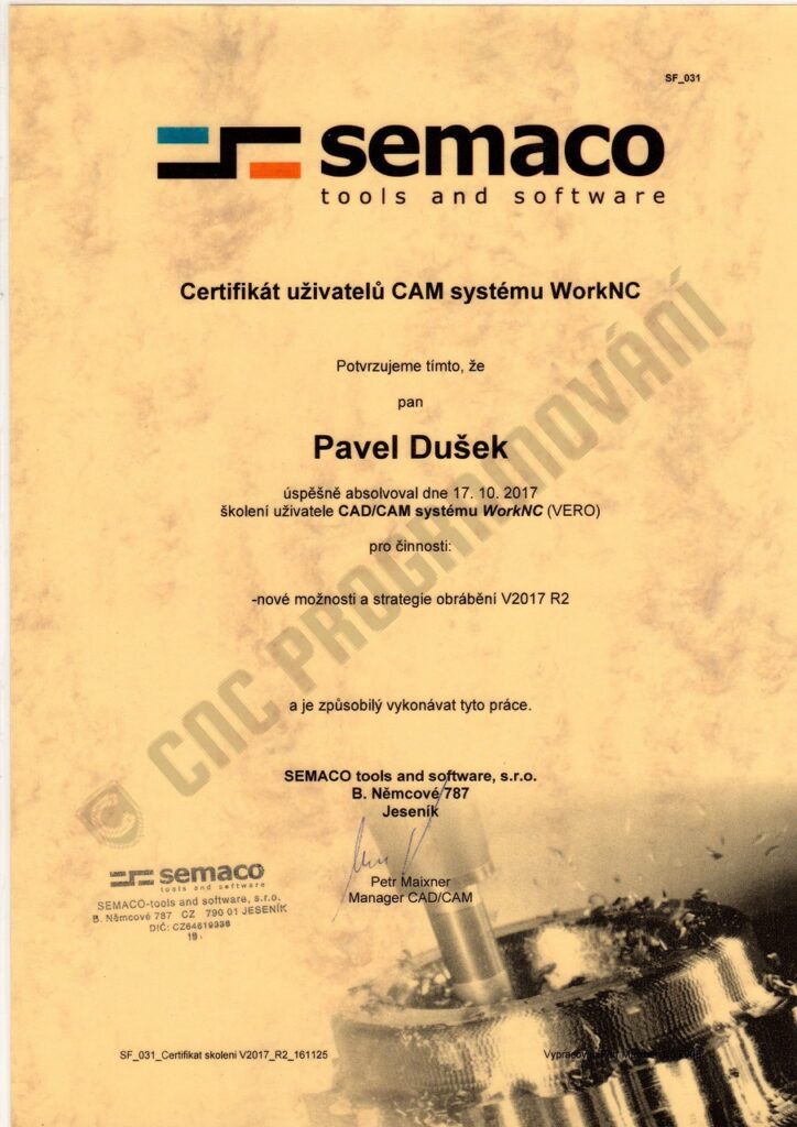 CNCPROGRAMOVANI-Certifikát WorkNC 2017