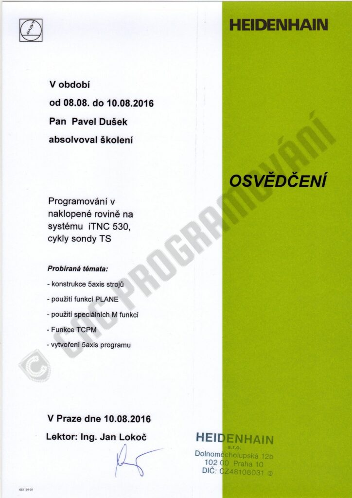 CNCPROGRAMOVANI-osvědčení Heidenhain 5axis
